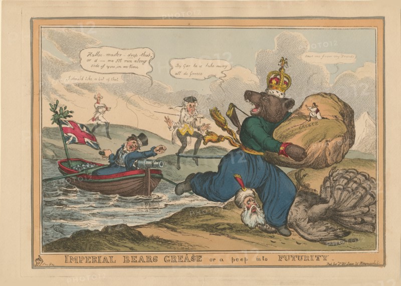 Imperial Bears Grease (Greece) or a peep into futurity. Caricature on the Russo-Turkish War, 1828. Creator: Heath, William (1795-1840).