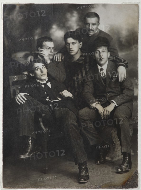 Aleksei Kruchenykh, David Burliuk, Vladimir Mayakovsky, Nikolai Burliuk and Benedikt Livshits, 1913. Creator: Anonymous.