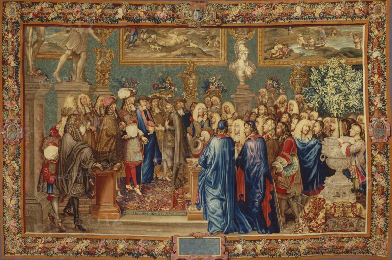 An audience granted by Louis XIV to the Count of Fuentes? at the Louvre, 24th March 1662, ca 1730. Creator: Ballin, Claude I, (after) (1615-1678).