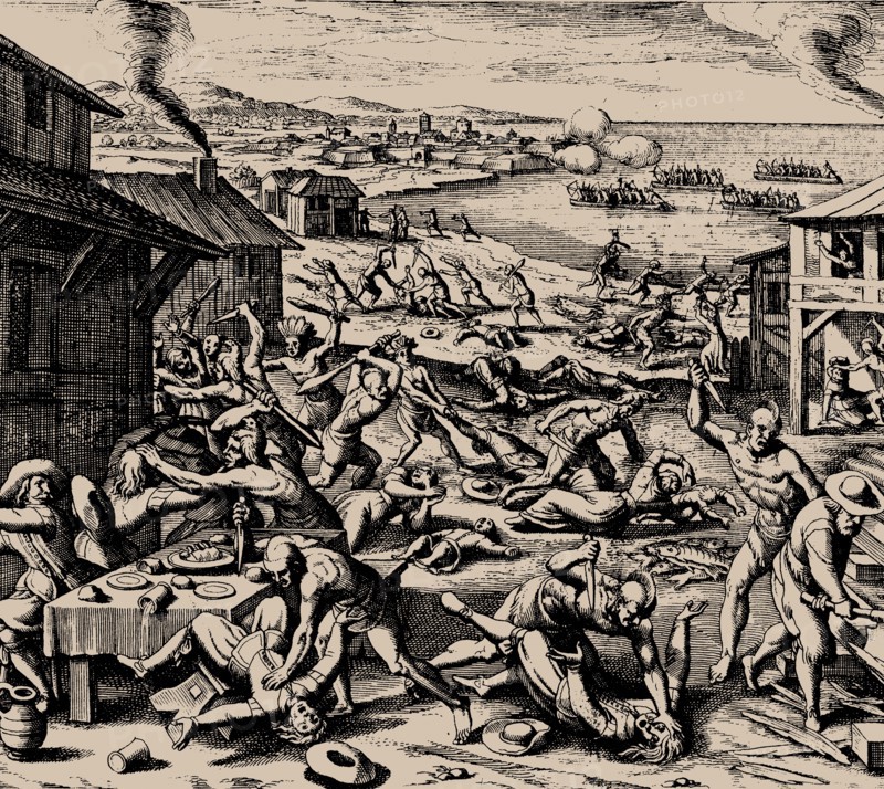 Powhatan attack on 22 March 1622, 1628. Creator: Merian, Matthäus, the Elder (1593-1650).
