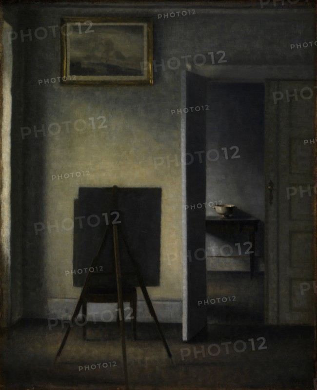 Interior with the Artist's Easel, 1910. Creator: Hammershøi, Vilhelm (1864-1916).