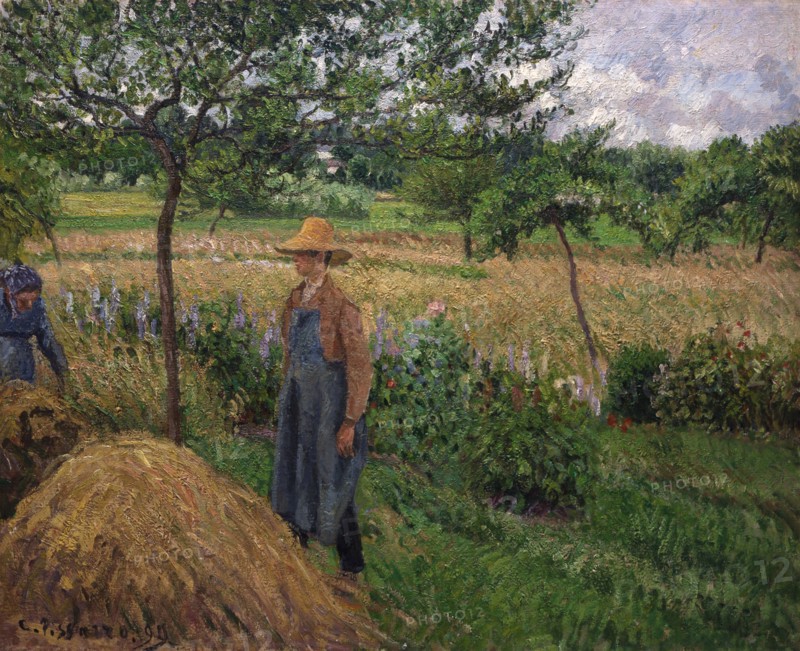 Gardener standing by a haystack, overcast sky, Eragny, 1899. Creator: Pissarro, Camille (1830-1903).
