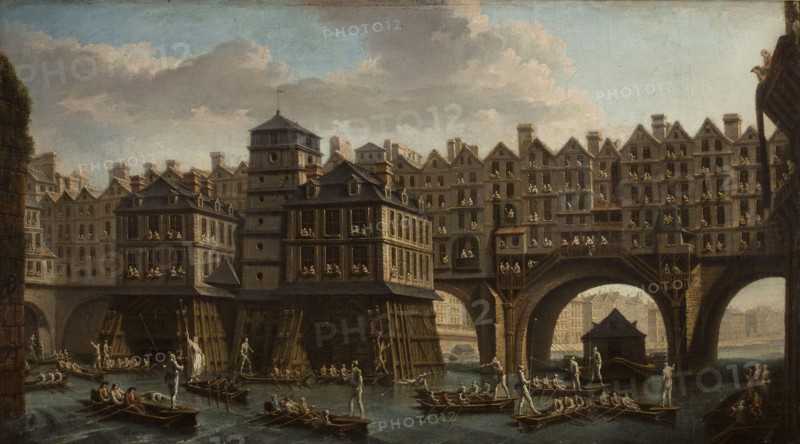 Sailors Jousting, Between the Pont Notre Dame and the Pont-Au-Change, Paris, 1756. Creator: Raguenet, Nicolas-Jean-Baptiste (1715-1793).