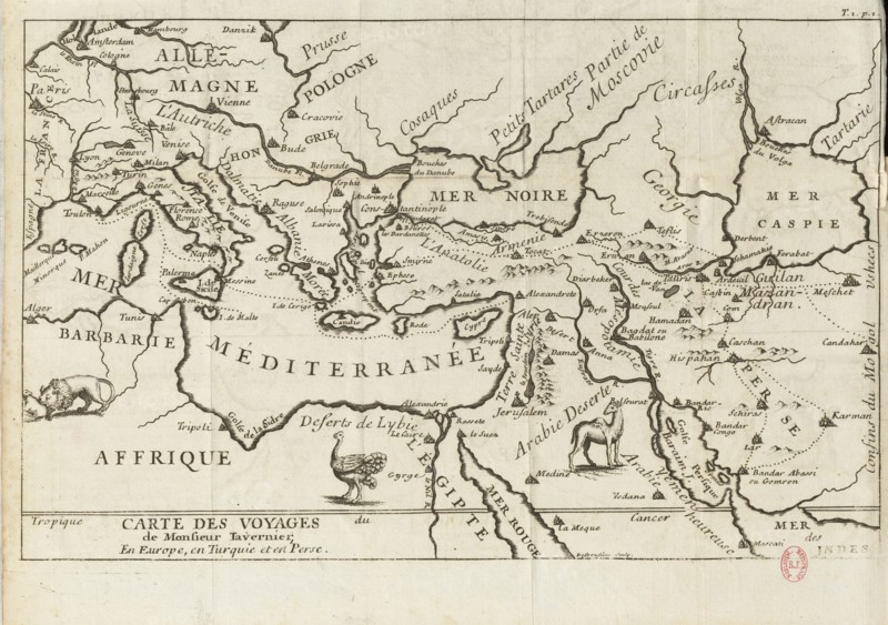 Map of Tavernier's Travels in Europe, Persia, Turkey, 17th century. Creator: Anonymous master.