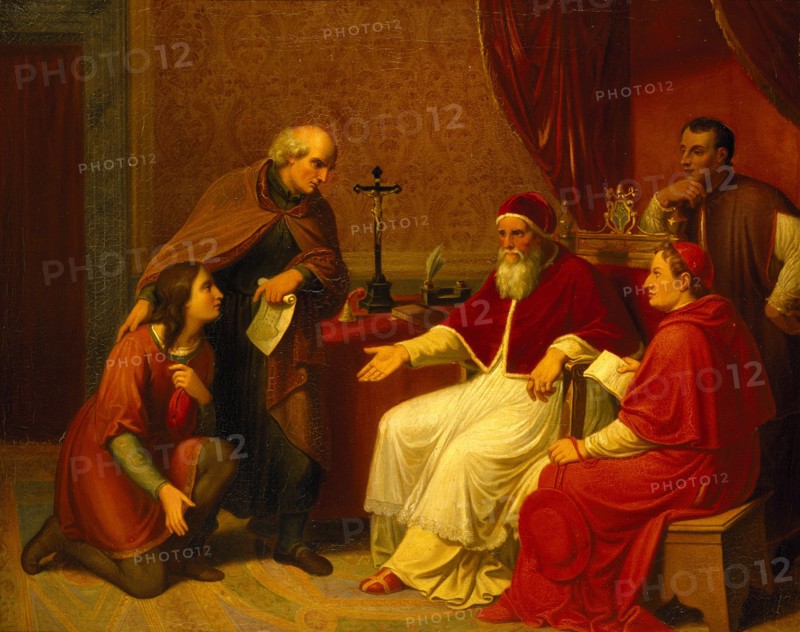 Bramante Presents Raphael to Pope Julius II, ca 1836. Creator: Riepenhausen, Johann Christian (1787-1860).