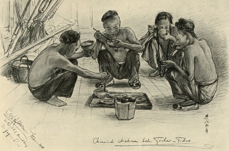 Chinese crew members eating on board the 'Knivsberg', 1898.  Creator: Christian Wilhelm Allers.
