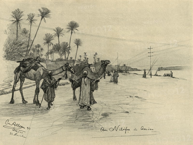 Camel-drivers on the banks of the Nile at Aswan, Egypt, 1898. Creator: Christian Wilhelm Allers.