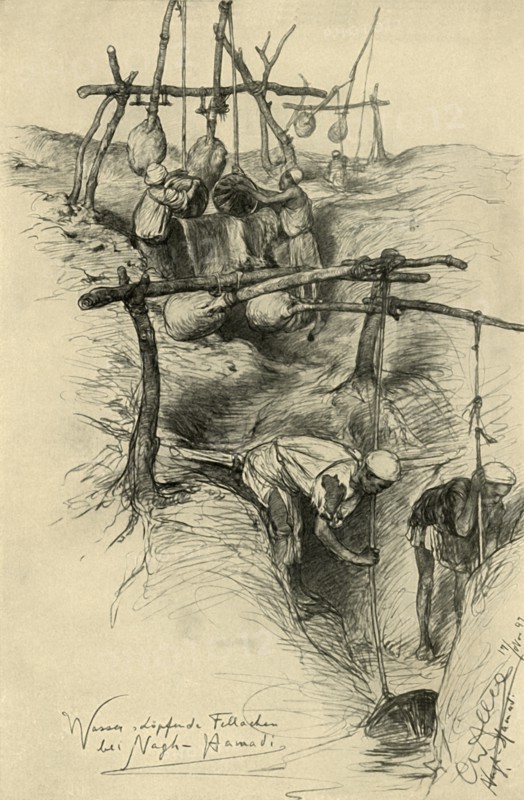 Lifting water water from the Nile using a shadouf, Nag Hammadi, Egypt, 1898. Creator: Christian Wilhelm Allers.