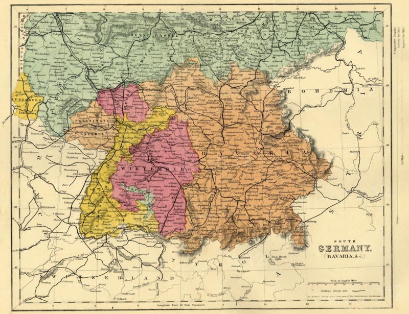 Map of South Germany and Bavaria, c1872. Creator: Unknown.