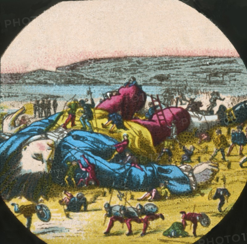 Gulliver is tied up by the Lilliputians, lantern slide, late 19th century. Creator: Unknown.