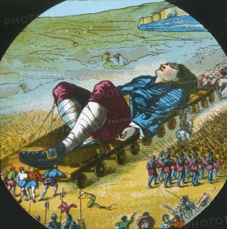 The Lilliputians convey the sleeping Gulliver to their city, lantern slide, late 19th century. Creator: Unknown.