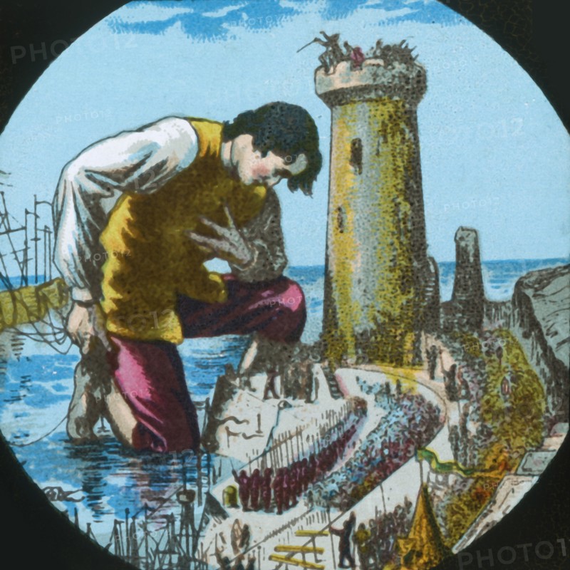 Gulliver is thanked by the emperor of Lilliput..., lantern slide, late 19th century.  Creator: Unknown.