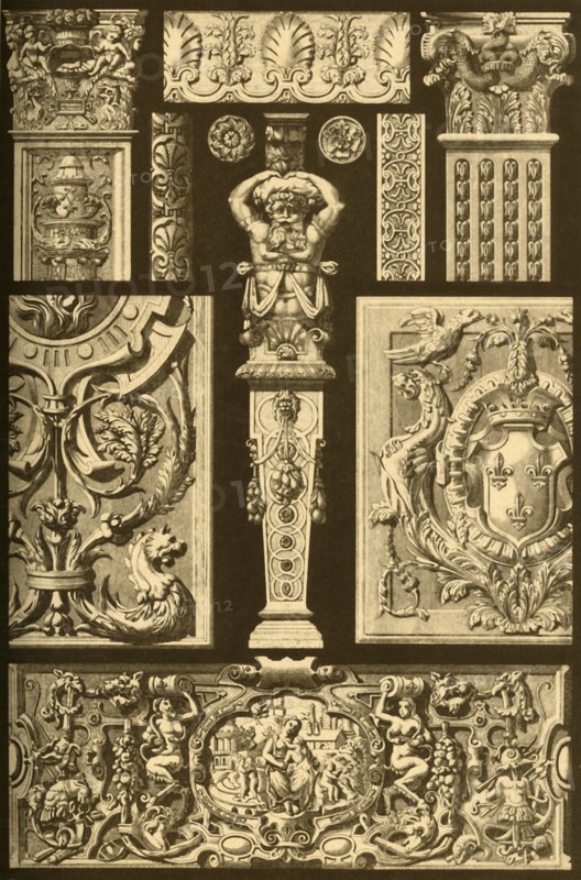 French Renaissance ornaments in stone and wood, (1898). Creator: Unknown.