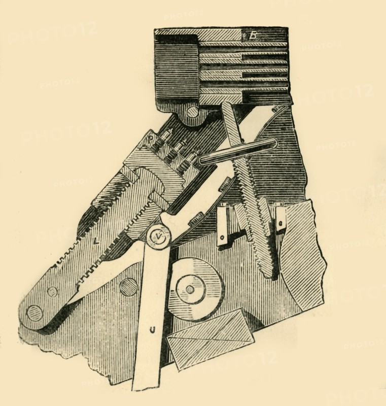 'French Mitrailleuse - Section of the Breech (with the Block or Closer Drawn Down)', c1872.  Creator: Unknown.