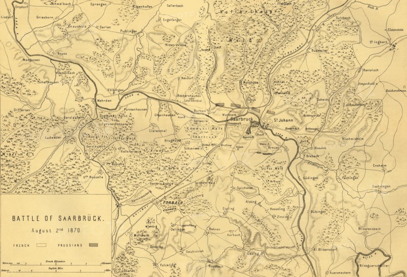 Map of the Battle of Saarbrücken, 2 August 1870, (c1872). Creator: R. Walker.
