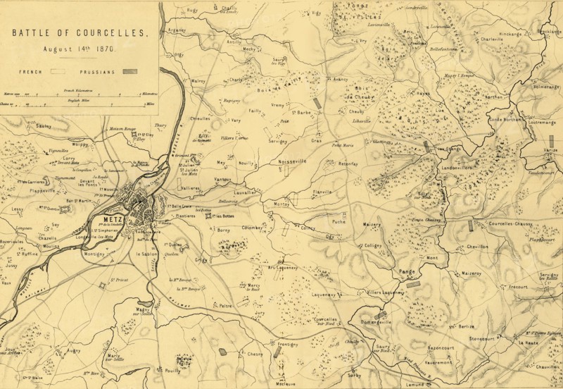 Map of the Battle of Courcelles, 14 August 1870, (c1872).  Creator: R. Walker.