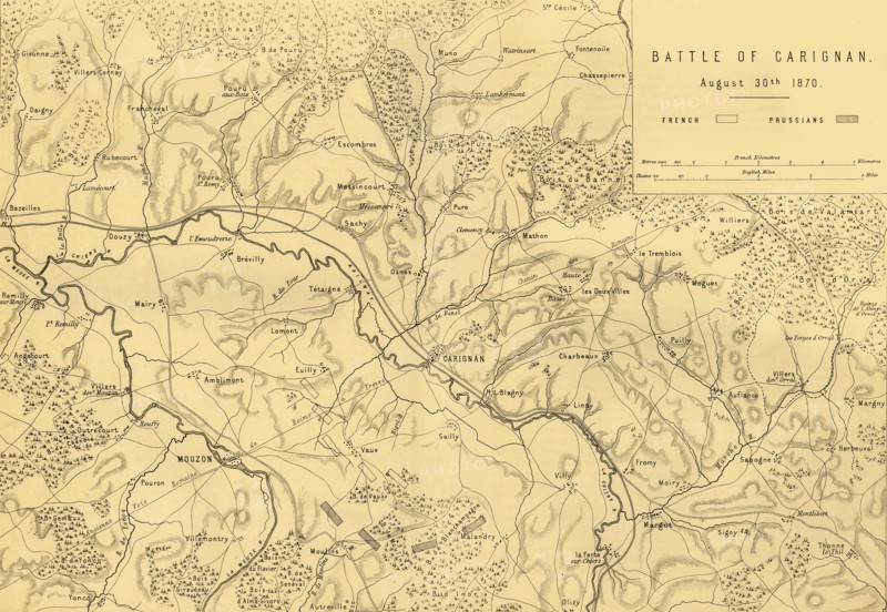 Map of the Battle of Carignan, 30 August 1870, (c1872).  Creator: R. Walker.