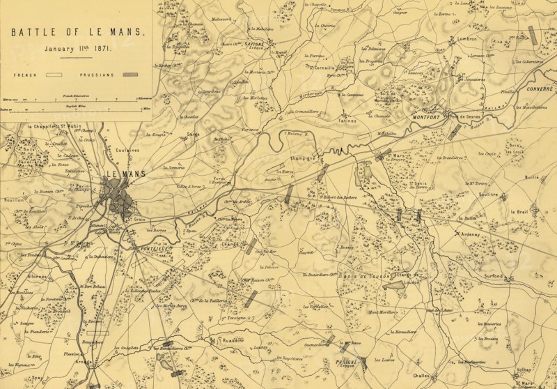 Map of the Battle of Le Mans, 11 January 1871, (c1872).  Creator: R. Walker.