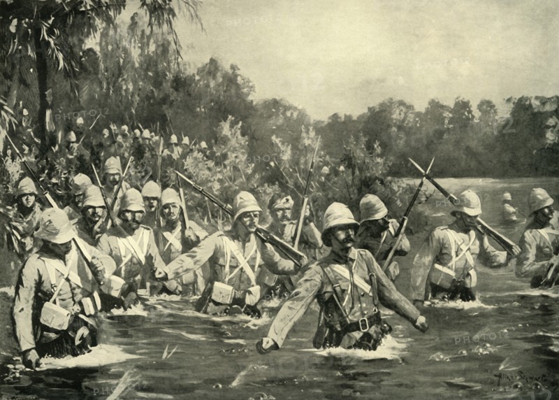 'The Battle of Modder River - The Argyll and Sutherland Highlanders Crossing the Drift', 1900. Creator: Allan Stewart.