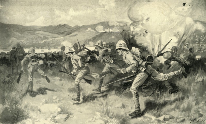 'The Battle of Colenso - Queen's (Royal West Surrey) Regiment Leading the Central Attack', 1900. Creator: Joseph Finnemore.
