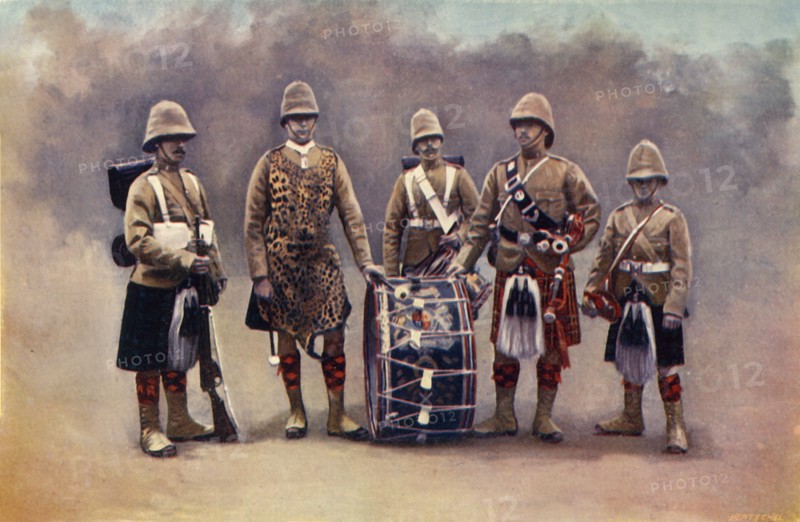 'Private, Drummers, Piper, and Bugler - The Black Watch', 1900. Creator: Knight.