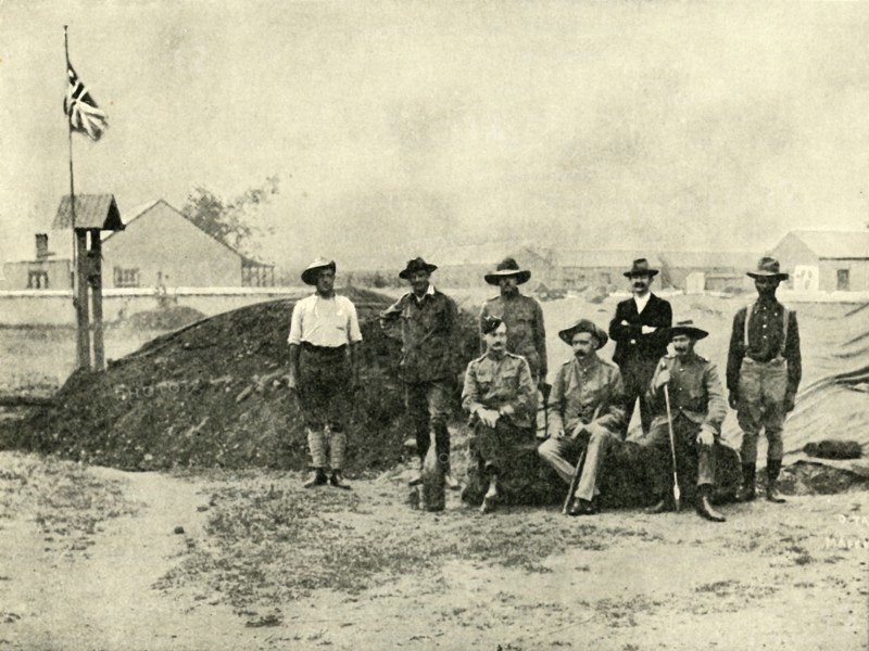 'General Baden-Powell, Lord Edward Cecil, and Other Officers, at the Entrance to their "Dug-Out".',  Creator: D Taylor.