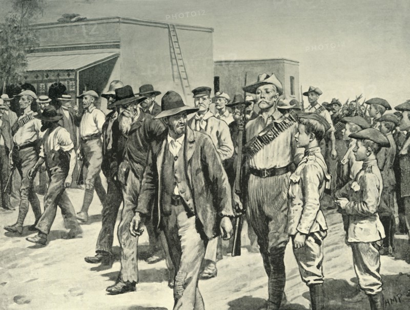'The Last Attack on Mafeking: B.S.A. Police Escorting Boer Prisoners to the Gaol', 1901. Creator: Henry Marriott Paget.