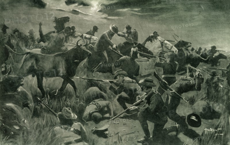 'Brilliant Defence by New Zealanders at Holspruit, February 25, 1902', 1902. Creator: Allan Stewart.