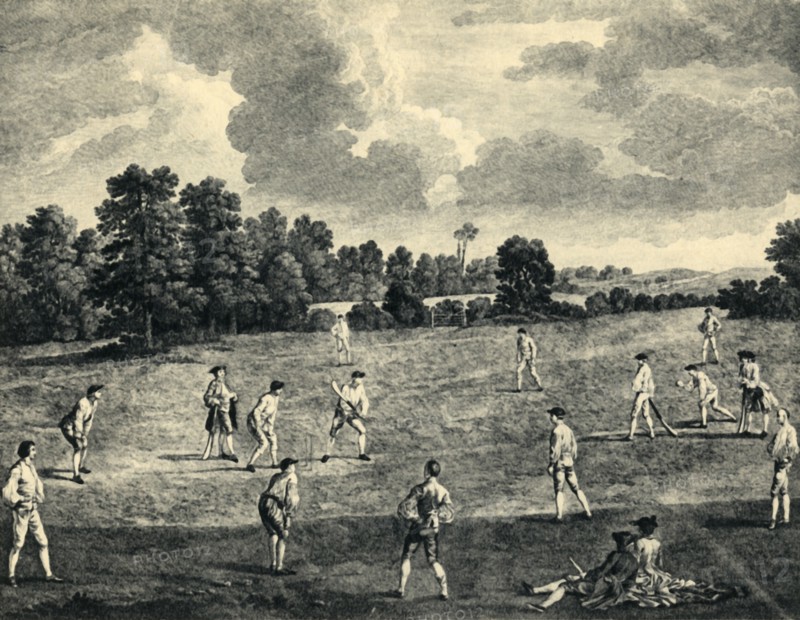 'Cricket Match in Mary-Le-Bone Fields, 1748', (1947).  Creator: Charles Grignion.