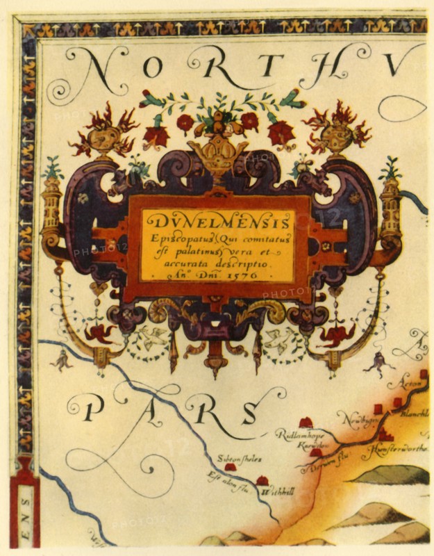 'Cartouche by A. Ryther on Saxton's Map of Durham, 1576', (1944).  Creator: Augustine Ryther.