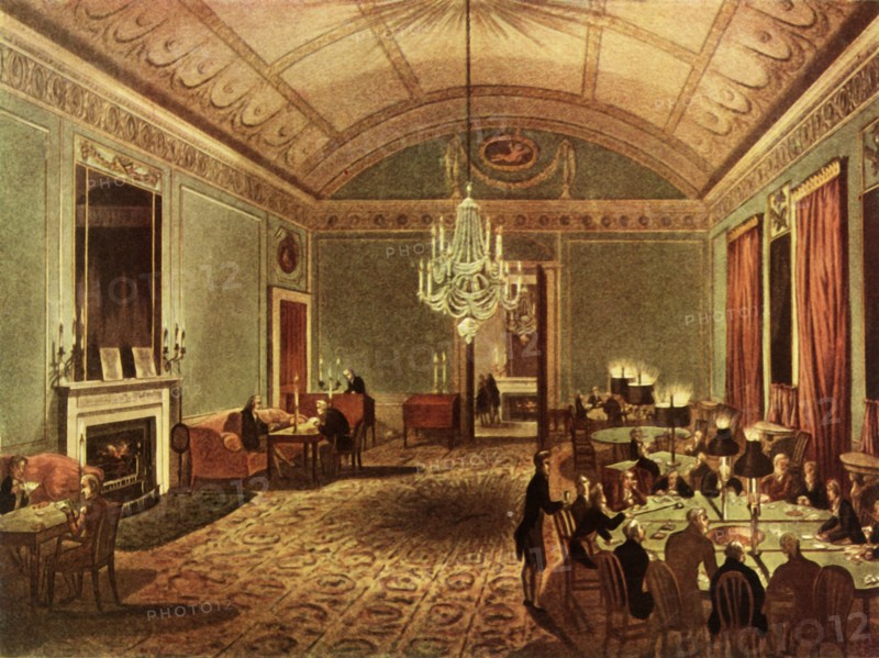 'The Great Subscription Room at Brooks's, St. James's Street, London', 1808, (1947).  Creators: Thomas Rowlandson, Augustus Charles Pugin.