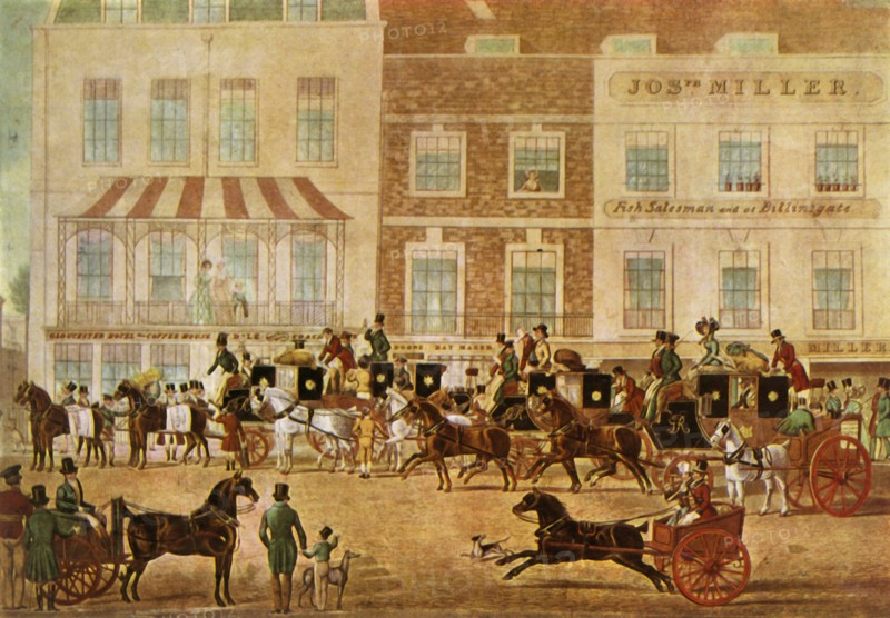 'West Country Mails at the Gloucester Coffee House, Piccadilly', c1830, 1943).   Creator: Unknown.