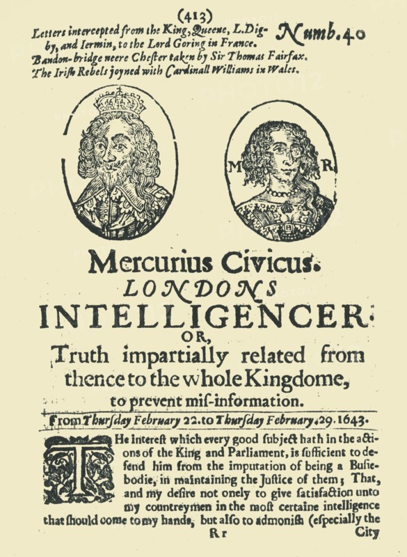 Front page of "Mercurius Civicus: London's Intelligencer", February 1643, (1945).  Creator: Unknown.