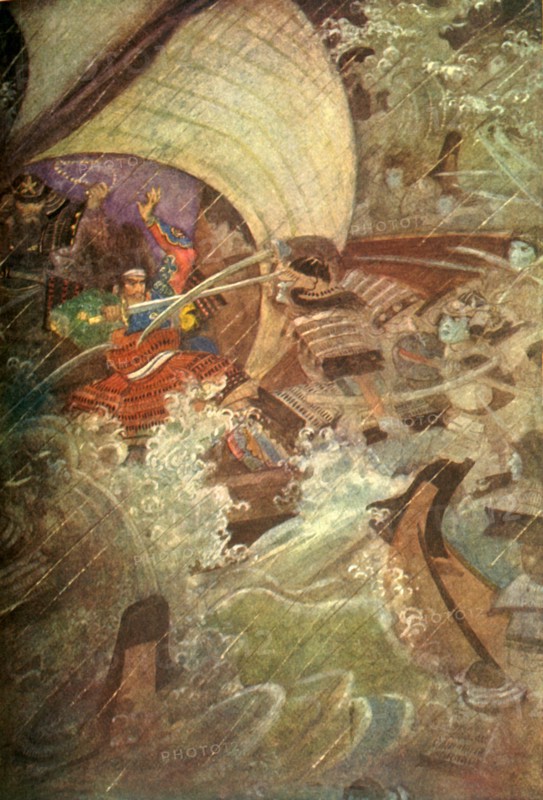 'Yoshitune and Benkei attacked by a ghostly company of the Taira Clan', 1912. Creator: Evelyn Paul.