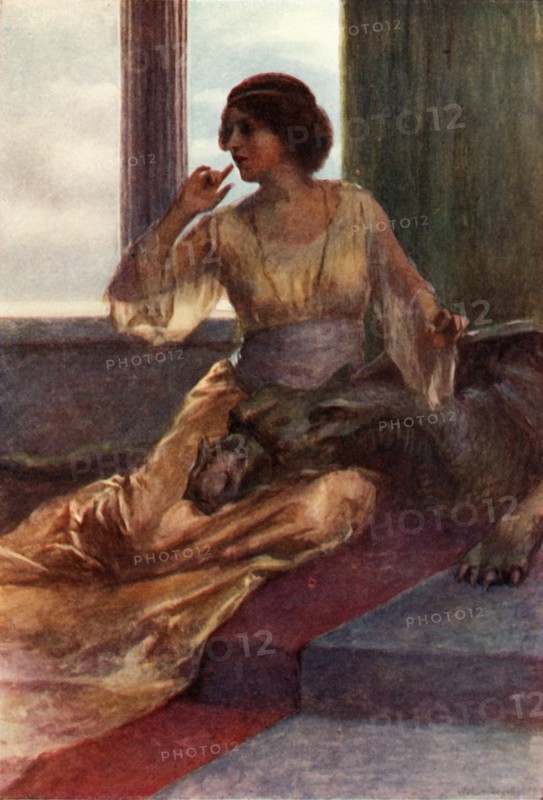 'Sitting with the sleeping dragon's head on her knee', 1917. Creator: Unknown.