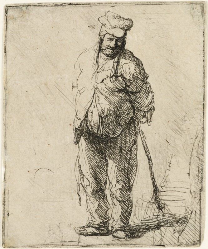 Ragged Peasant with his Hands behind Him, holding a Stick, c.1630. Creator: Rembrandt Harmensz van Rijn.