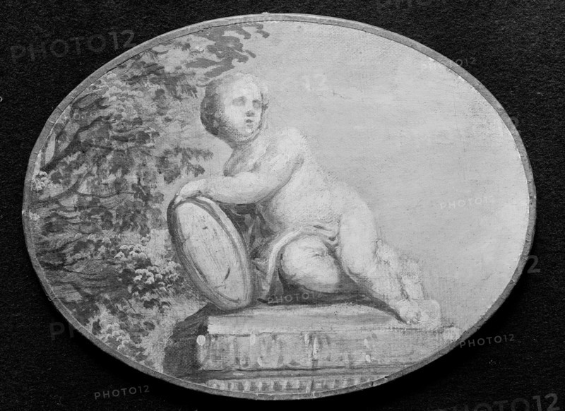 Putto on a pedestal against background of verdure, 18th century. Creator: French Painter , 18th century .