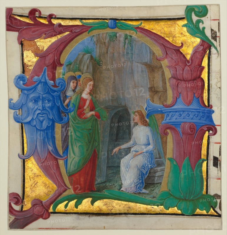 Manuscript Illumination with the Holy Women at the Tomb in an Initial A..., ca. 1490-1500. Creator: Girolamo dai Libri.