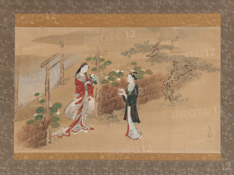Evening Faces (Yugao) chapter from The Tale of Genji (Genji monogatari), 18th century. Creator: Kawamata Tsunemasa.