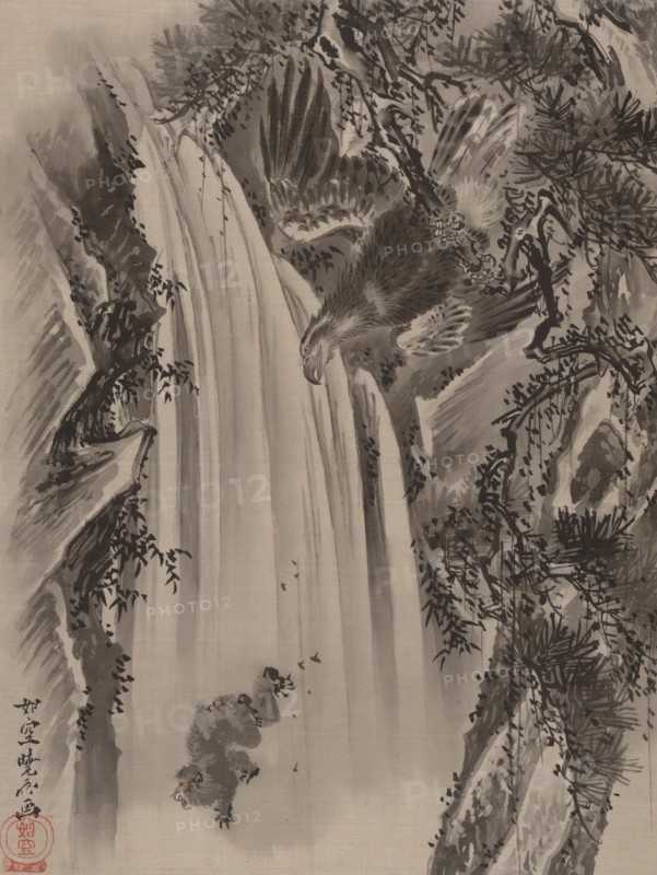 Waterfall, Eagle and Monkey, ca. 1887. Creator: Kawanabe Kyosai.
