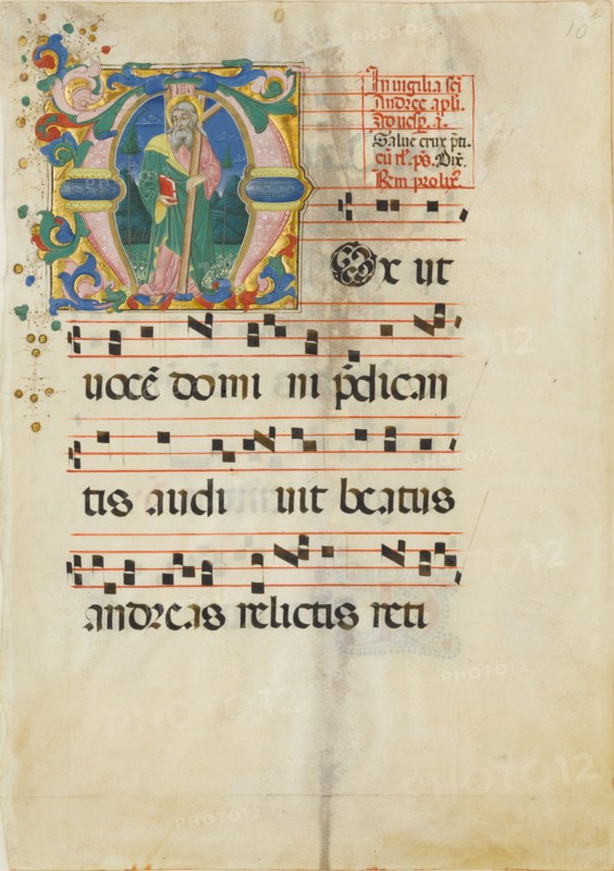 Manuscript Leaf with the Feast of Saint Andrew in an Initial M ..., second half 15th century. Creator: Master of the Riccardiana Lactantius.