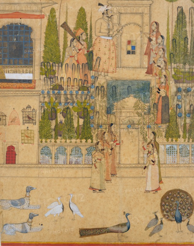 Maharana Amar Singh II with Ladies of the Zenana outside the Picture Hall at Rajnagar, ca. 1707-8. Creator: Attributed to Stipple Master (Indian, active ca. 1690-1715).