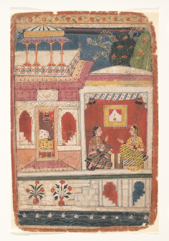 Radha and Her Confidant Sit in an Open Room: Page from a Dispersed Rasikapriya , ca. 1680-90. Creator: Unknown.