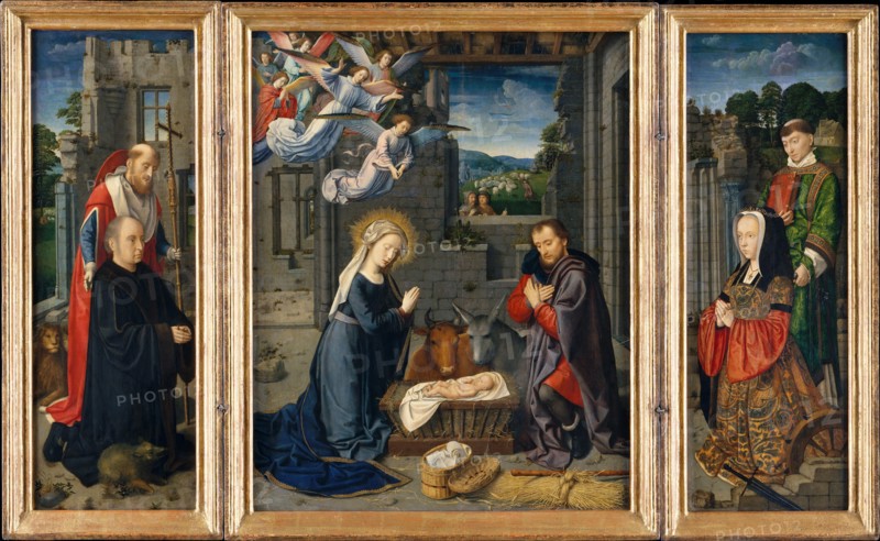 The Nativity with Donors and Saints Jerome and Leonard, ca. 1510-15. Creator: Gerard David.