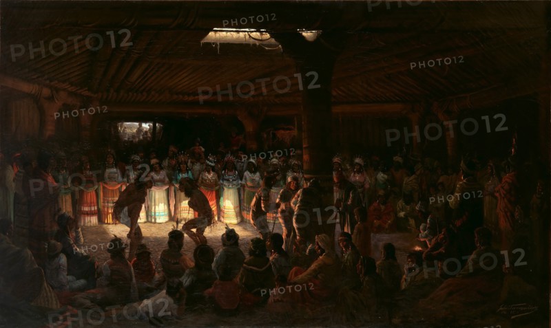 Dance in a Subterranean Roundhouse at Clear Lake, California, 1878. Creator: Jules Tavernier.