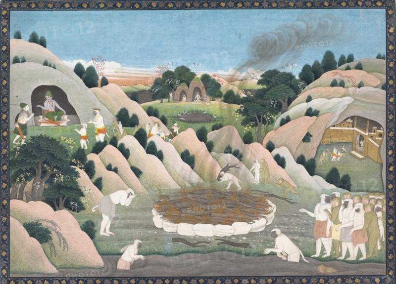 The Monkey King Vali's Funeral Pyre: Illustrated folio from a dispersed Ramayana series , ca. 1780. Creator: Workshop active in the First generation after Nainsukh (active ca. 1735-78).