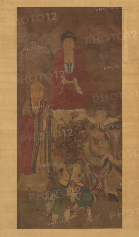 Shakyamuni with luohan, heavenly king, and boys, early 17th century. Creator: Unknown.