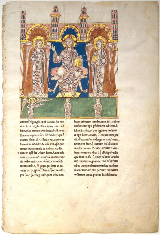 Leaf from a Beatus Manuscript: Christ in Majesty with Angels and the Angel of God..., ca. 1180. Creator: Unknown.