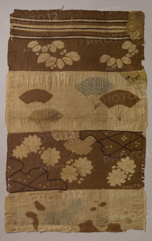 Tsujigahana Textile with Horizontal Stripes, Flowering Plants, Fans, Snowflakes..., ca. late 16th ce Creator: Unknown.