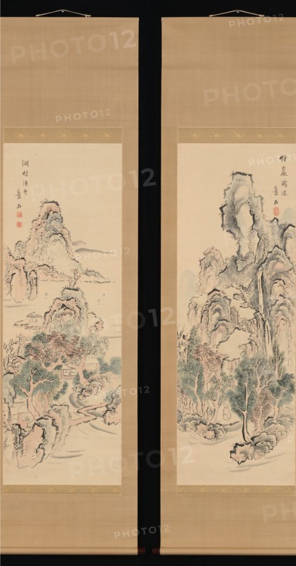 Fantastic Rocks with Cascading Waterfall; Fishing Boats by a Lake Hamlet, first half of 19th cent. Creator: Aiseki.
